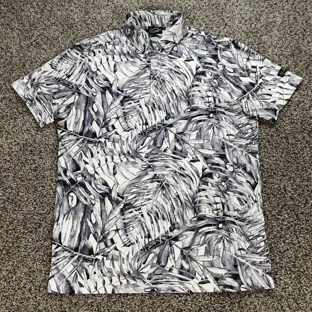 Sunday Swagger Men's Medium Golf Polo Shirt Black White Tropical Palm Leaf Print